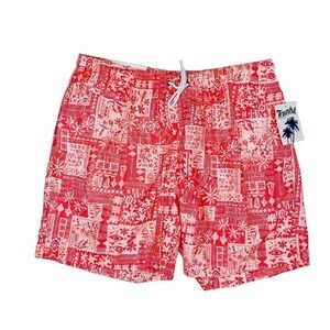 NWT Trunks Surf & Swim Co. Sano Printed Swim Trunks Postcard Tribal Coral SandXL